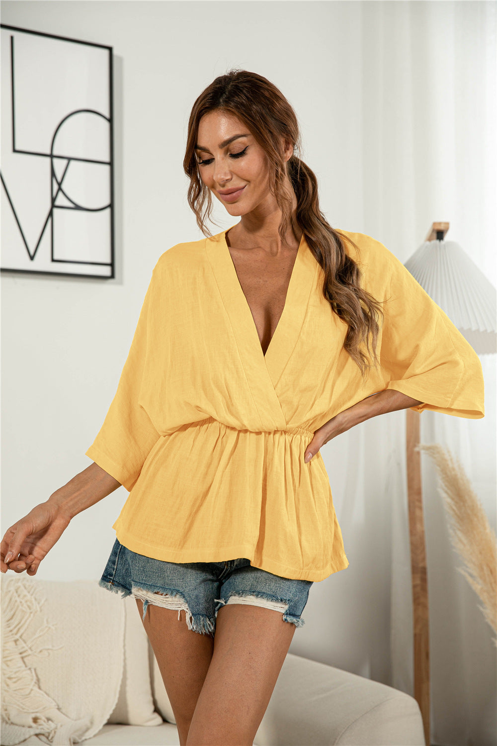 V-Neck Gathered Blouse