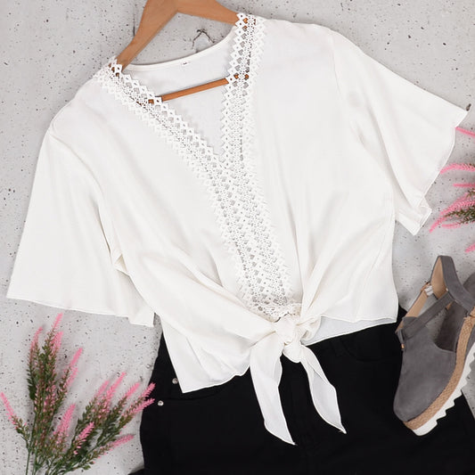Tie Bottom Cropped Crochet Blouse