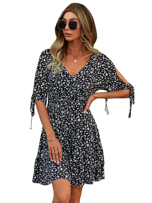 Anna-Kaci Women's Floral Print Flowy Mini Dress V-Neck Half Sleeves Tunic Dresses