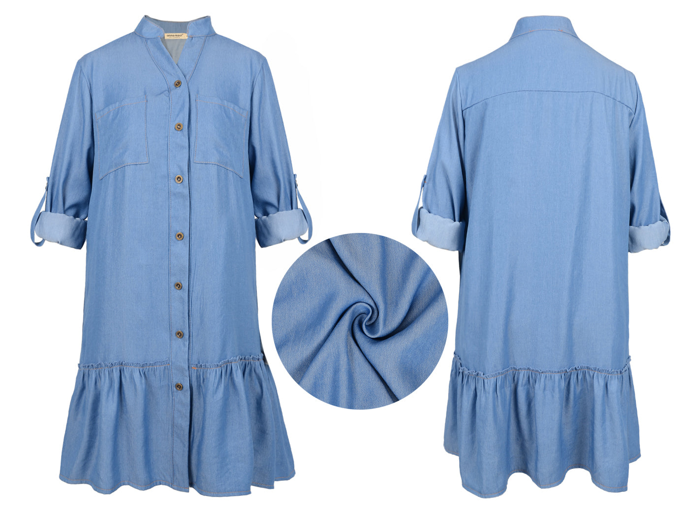 Anna-Kaci Womens Denim Shift Dress Casual Button Down Long Sleeve Ruffle HemMini dress