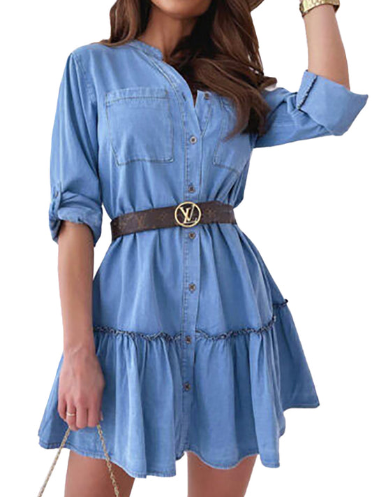 Anna-Kaci Womens Denim Shift Dress Casual Button Down Long Sleeve Ruffle HemMini dress