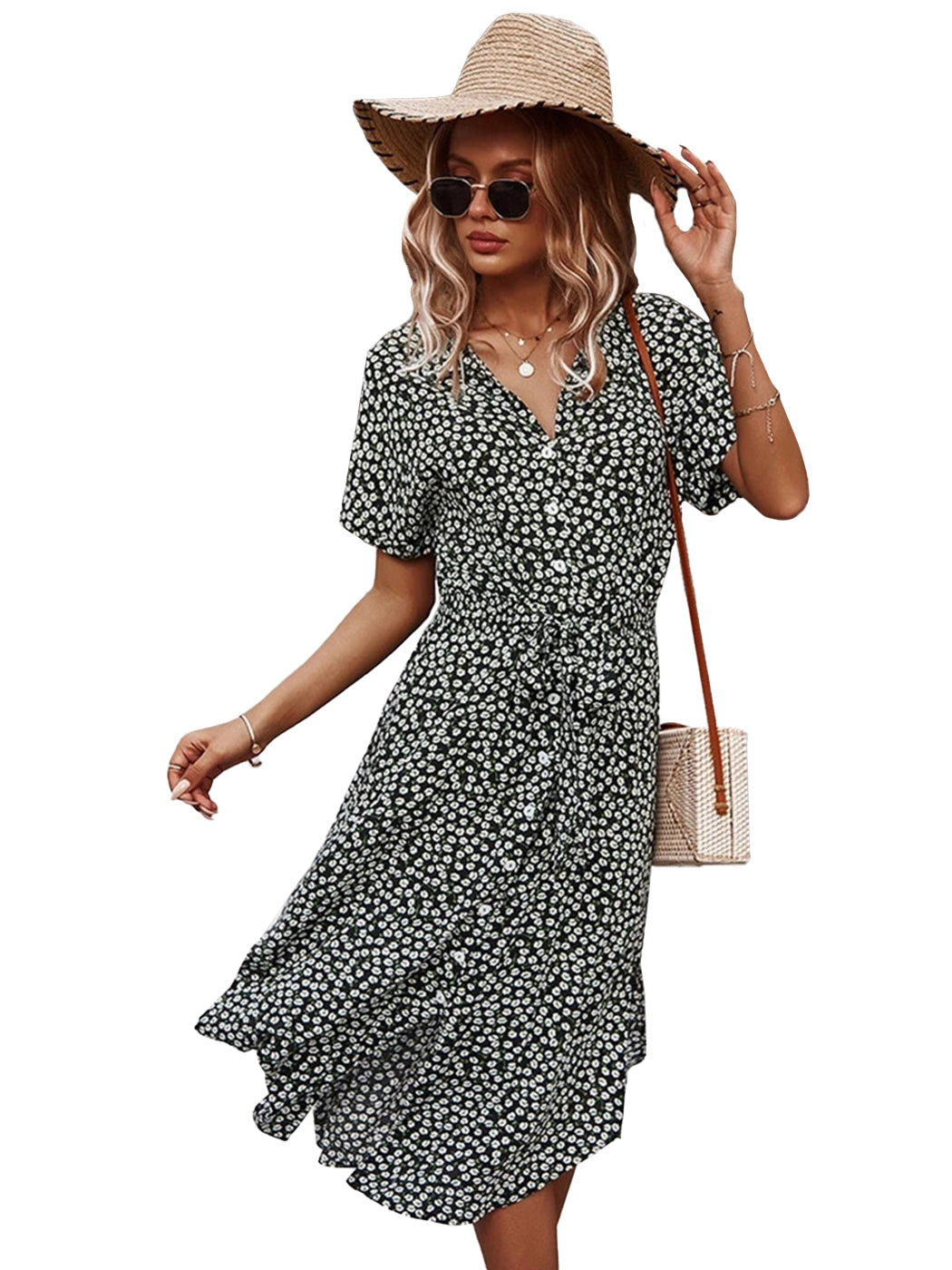 Anna-Kaci Women's Casual Floral Print Button Down Dress Short Sleeve V Neck Split Midi Dresses with Belt