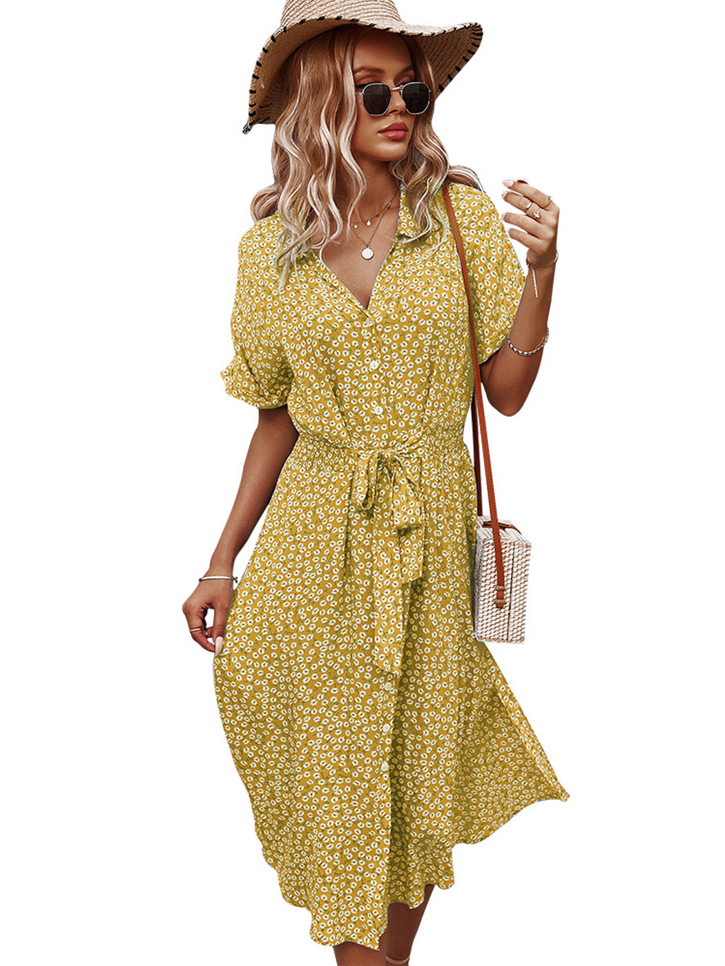 Anna-Kaci Women's Casual Floral Print Button Down Dress Short Sleeve V Neck Split Midi Dresses with Belt