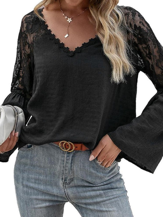 Anna-Kaci Women's V Neck Crochet Floral Lace Top Shirts Semi Sheer Bell Sleeve Blouses