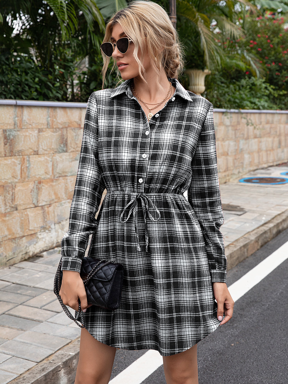 Anna-Kaci Women's Plaid Short Shirt Dress Tie Waist Collared Long Slee ALILANG.COM Anna-Kaci Women's Plaid Short Shirt Dress Tie Waist Collared Long Slee ALILANG.COM