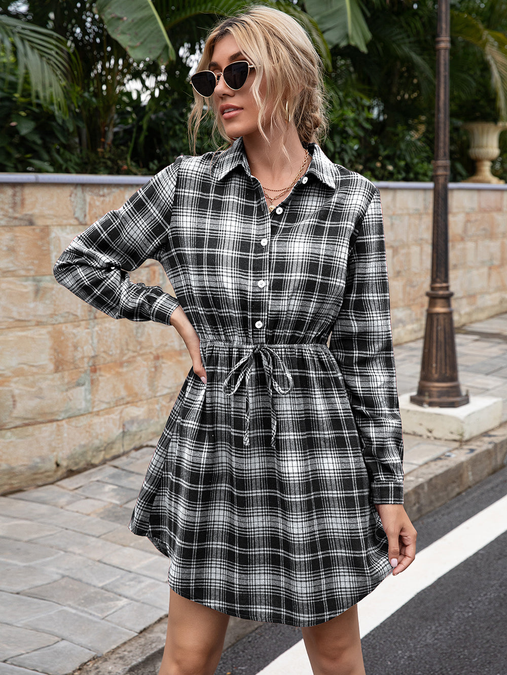 Anna-Kaci Women's Plaid Short Shirt Dress Tie Waist Collared Long Slee ALILANG.COM Anna-Kaci Women's Plaid Short Shirt Dress Tie Waist Collared Long Slee ALILANG.COM
