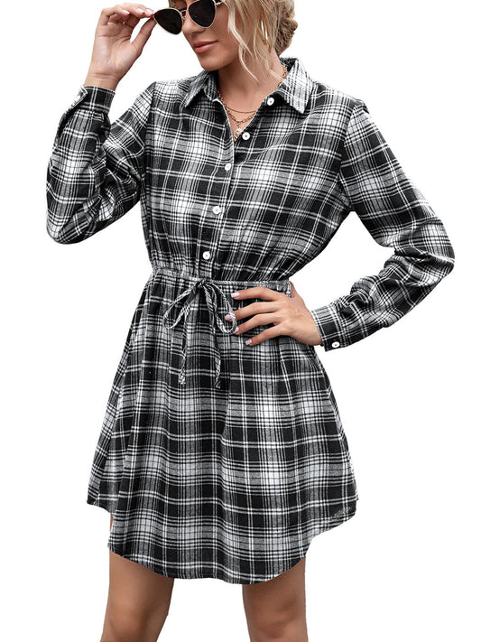 Anna-Kaci Women's Plaid Short Shirt Dress Tie Waist Collared Long Sleeves A-line Casual Vintage Dresses