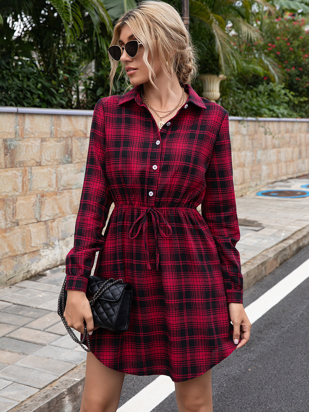 Anna-Kaci Women's Plaid Short Shirt Dress Tie Waist Collared Long Slee ALILANG.COM Anna-Kaci Women's Plaid Short Shirt Dress Tie Waist Collared Long Slee ALILANG.COM
