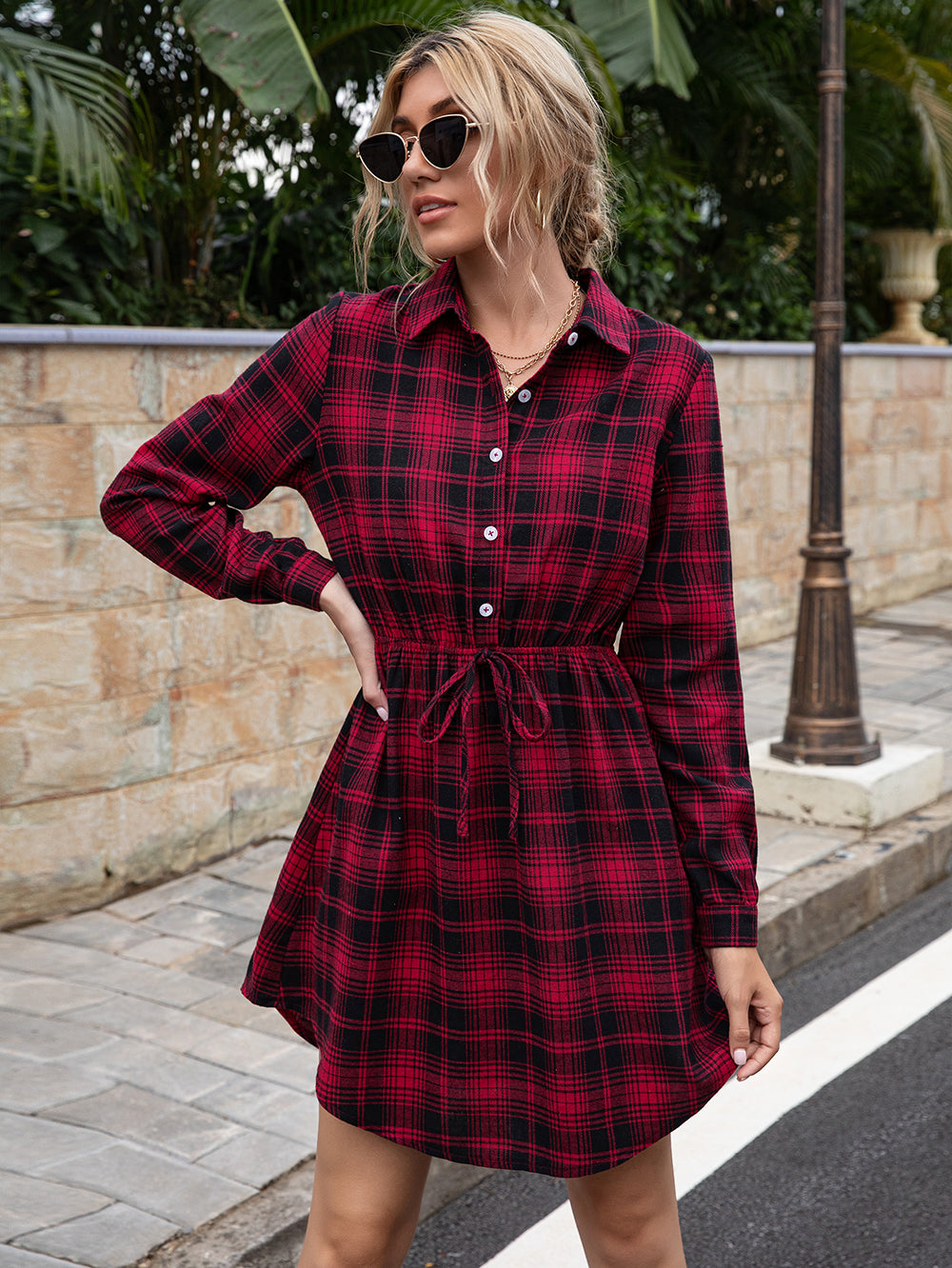 Anna-Kaci Women's Plaid Short Shirt Dress Tie Waist Collared Long Slee ALILANG.COM Anna-Kaci Women's Plaid Short Shirt Dress Tie Waist Collared Long Slee ALILANG.COM