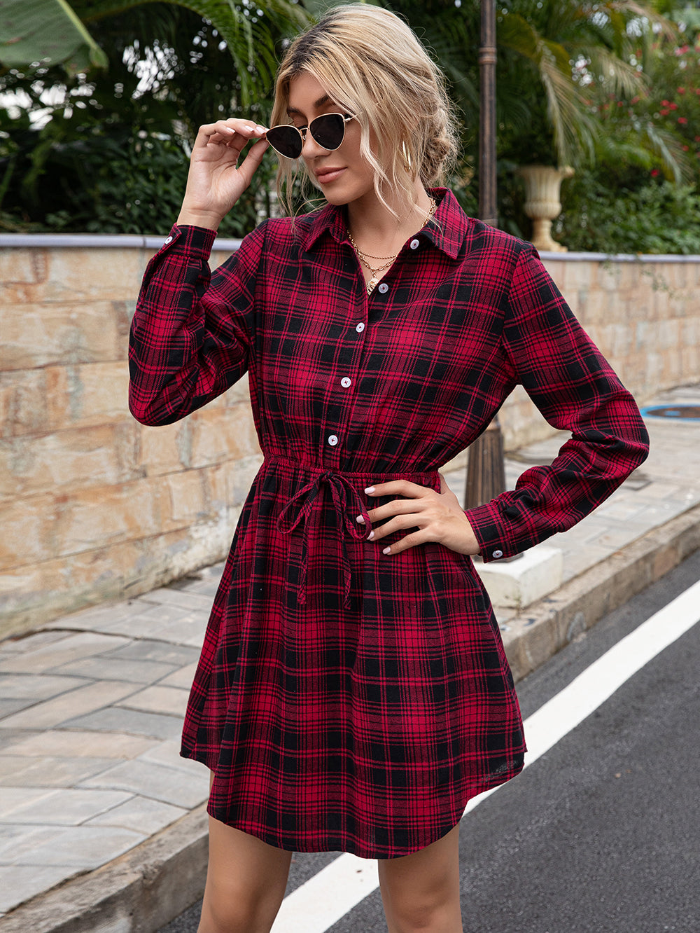 Anna-Kaci Women's Plaid Short Shirt Dress Tie Waist Collared Long Slee – ALILANG.COM Anna-Kaci Women's Plaid Short Shirt Dress Tie Waist Collared Long Slee – ALILANG.COM