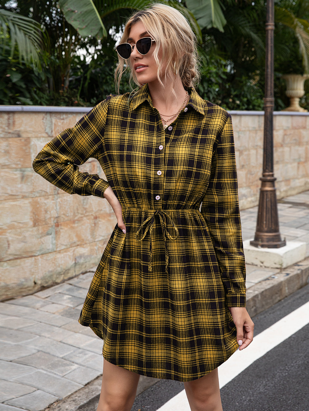 Anna-Kaci Women's Plaid Short Shirt Dress Tie Waist Collared Long Slee ALILANG.COM Anna-Kaci Women's Plaid Short Shirt Dress Tie Waist Collared Long Slee ALILANG.COM