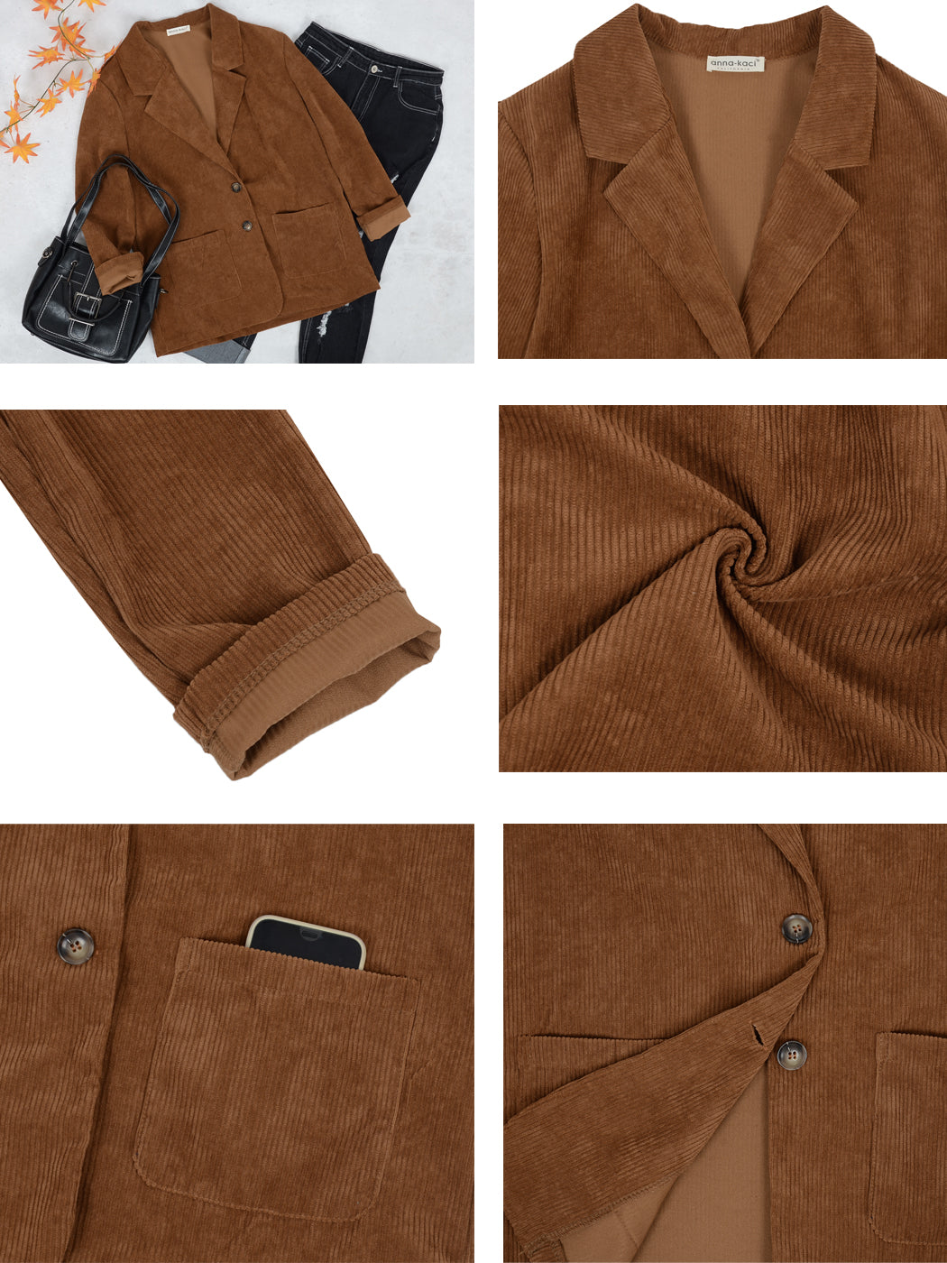 Anna-Kaci Women's Casual Loose Long Sleeve Lapel Button Corduroy Blazer Jacket