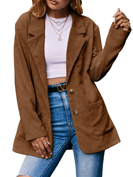 Anna-Kaci Women's Casual Loose Long Sleeve Lapel Button Corduroy Blazer Jacket