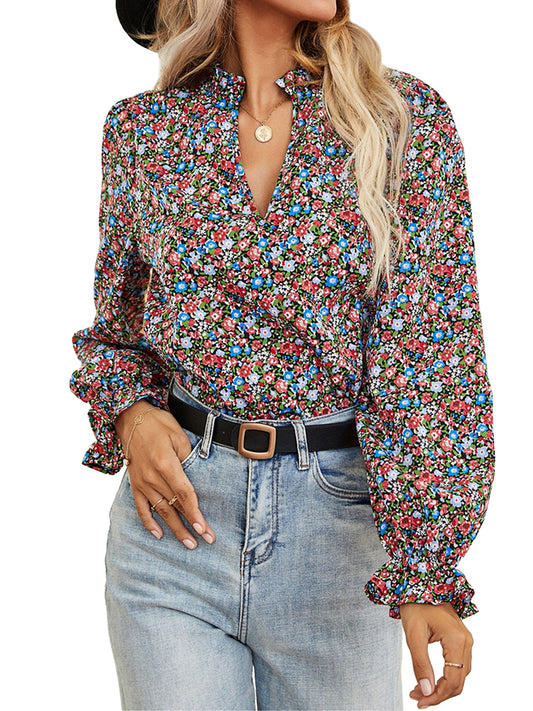 Anna-Kaci Women Summer Boho Ruffle Shirt Drawstring Long Sleeve Flowy Blouse