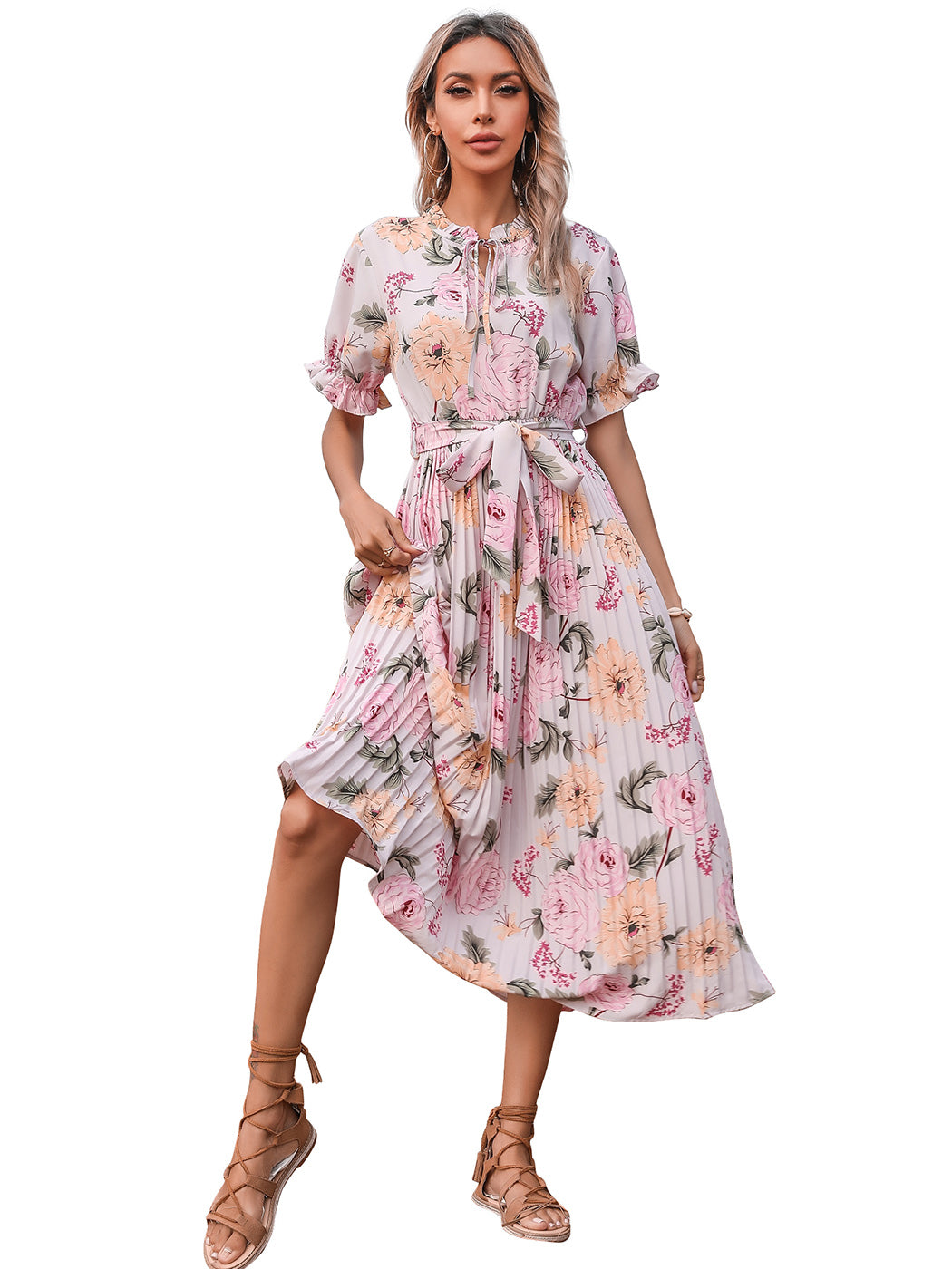 Anna-Kaci Women¡¯s Short Ruffle Sleeve Crew Neck Floral Dress Loose Flowy Boho High Waist Long Maxi Dresses