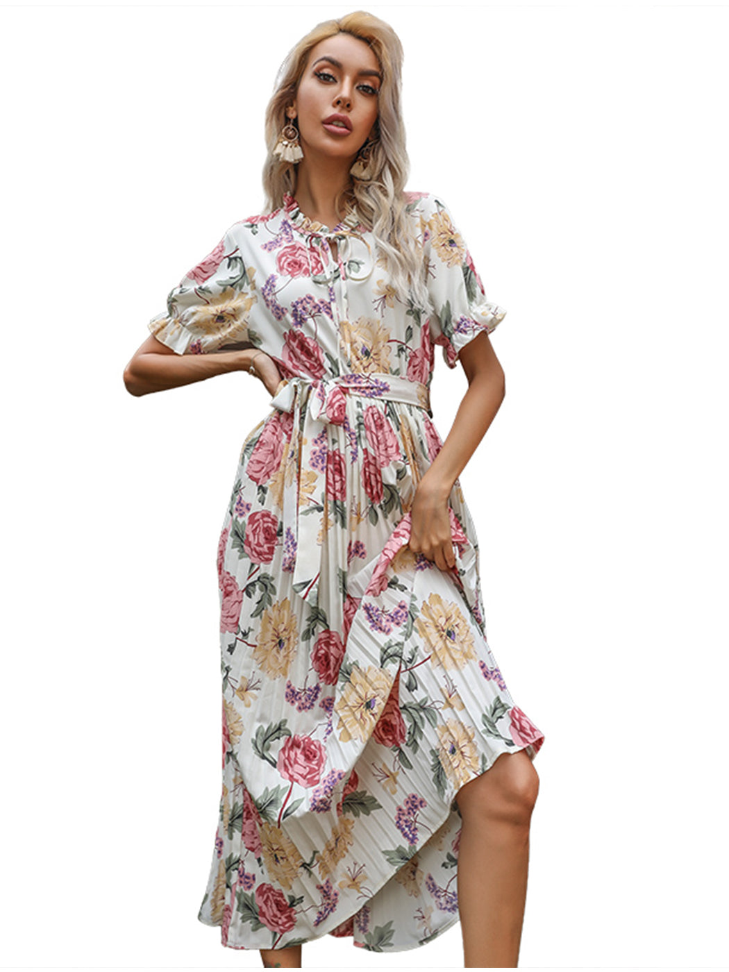 Anna-Kaci Women¡¯s Short Ruffle Sleeve Crew Neck Floral Dress Loose Flowy Boho High Waist Long Maxi Dresses