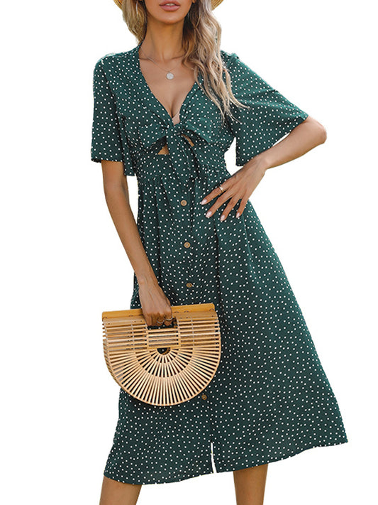 Anna-Kaci Women's Boho Tie Front V-Neck Polka Dot Dress Short Sleeve Button Down Casual A-Line Midi Dresses