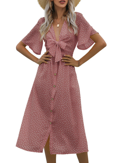 Anna-Kaci Women's Boho Tie Front V-Neck Polka Dot Dress Short Sleeve Button Down Casual A-Line Midi Dresses