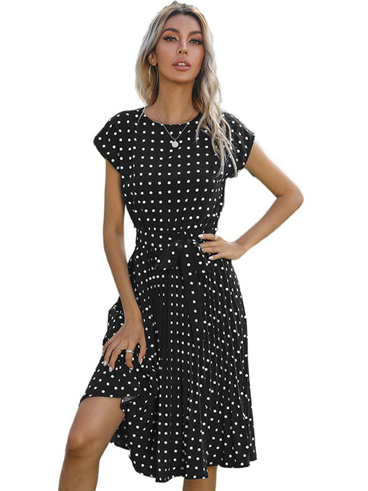 Anna-Kaci Women Short Sleeve RuffleTrim Polka Dot Casual Swing T Shirt Midi Dress Knee Length