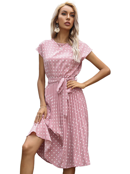 Anna-Kaci Women Short Sleeve RuffleTrim Polka Dot Casual Swing T Shirt Midi Dress Knee Length