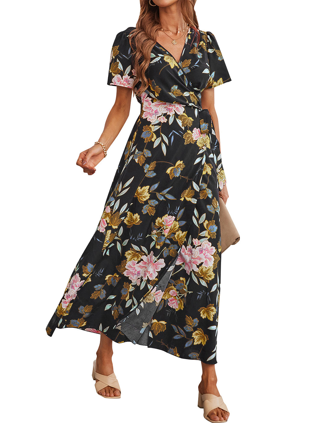 Anna-Kaci Women's Summer Wrap Maxi Dress Boho Floral V Neck Split Beach Long Dress