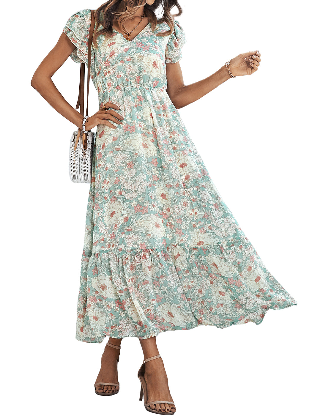 Anna-Kaci Women¡¯s Summer Casual Floral Midi Dress V-Neck Cap Sleeves Ruffle Hem Flowy Swing Dresses