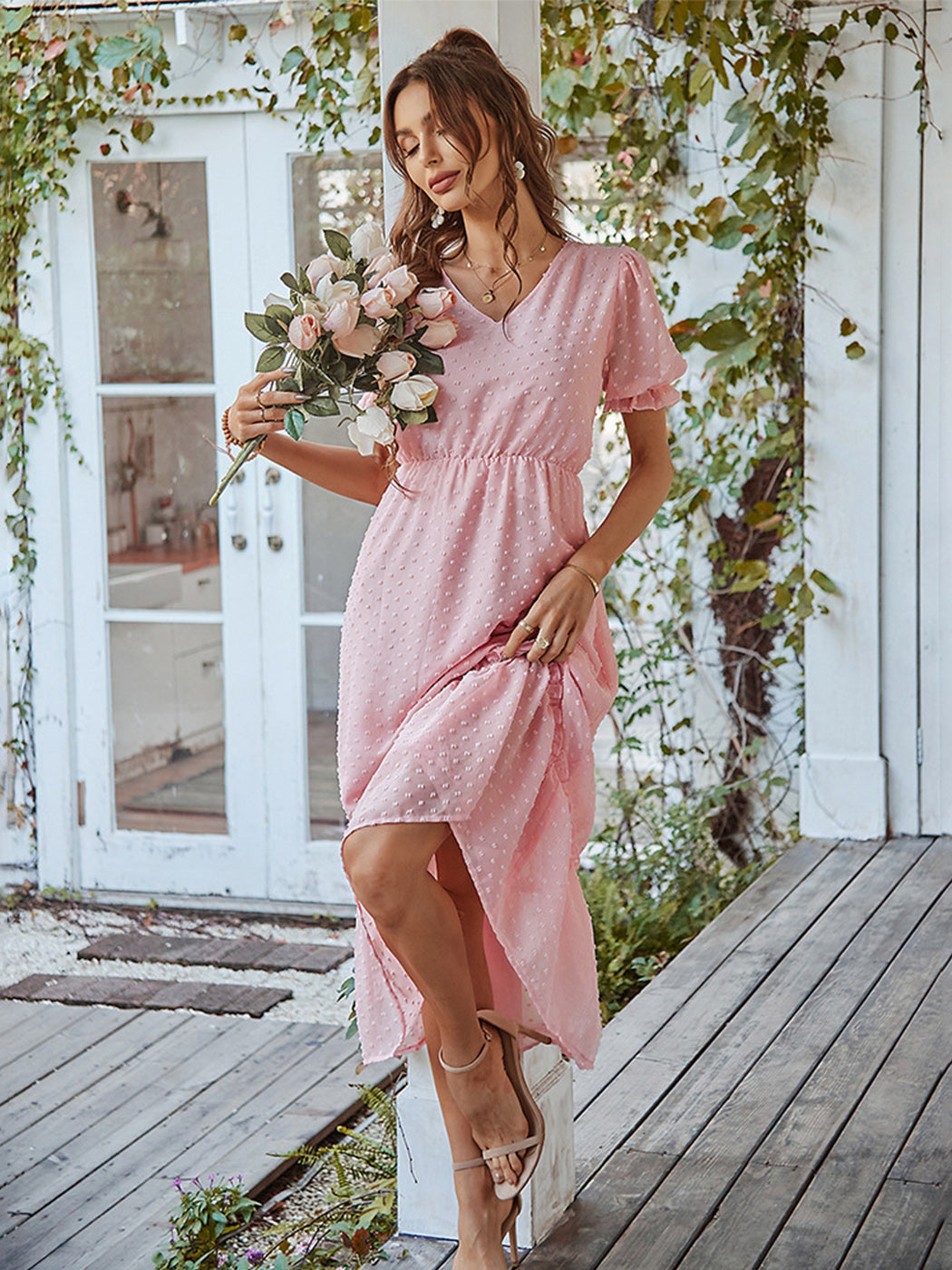 Anna-Kaci Women Summer Swiss Dot Short Sleeve Dress High Waist V Neck Floral Print Flowy Maxi Dress