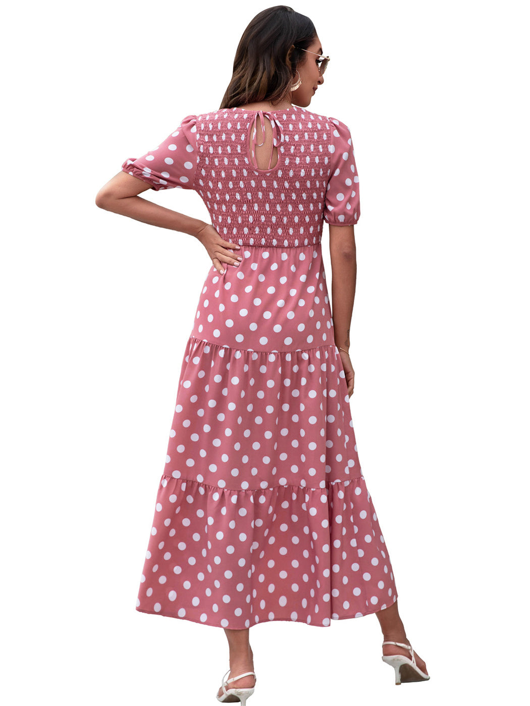 Anna-Kaci Women's Polka Dot Ruffle Maxi Dress Crew Neck Puff Sleeve Dress Casual Womens Dress High Rise Summer Dresses 2022