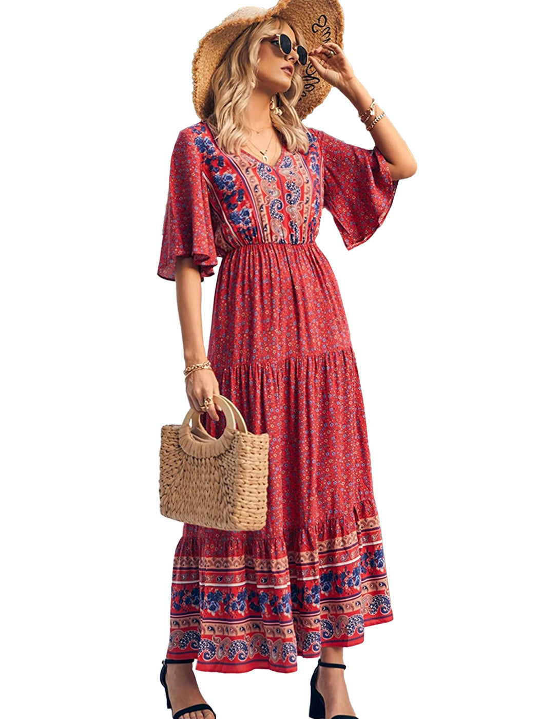 Anna-Kaci Boho Flared Short Sleeve Paisley Maxi Dress ALILANG.COM Anna-Kaci Boho Flared Short Sleeve Paisley Maxi Dress ALILANG.COM