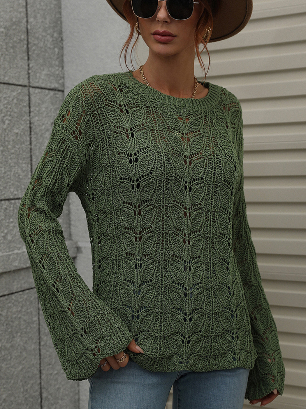 Anna-Kaci Women Knit Hollow Out Tops Crochet Bell Sleeve Crewneck Pullover Sweater