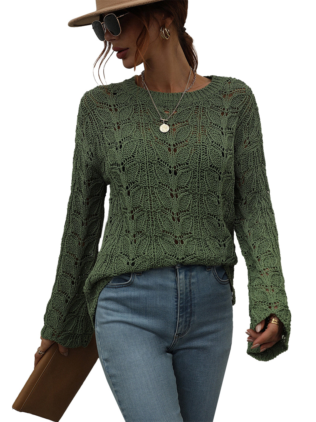 Anna-Kaci Women Knit Hollow Out Tops Crochet Bell Sleeve Crewneck Pullover Sweater