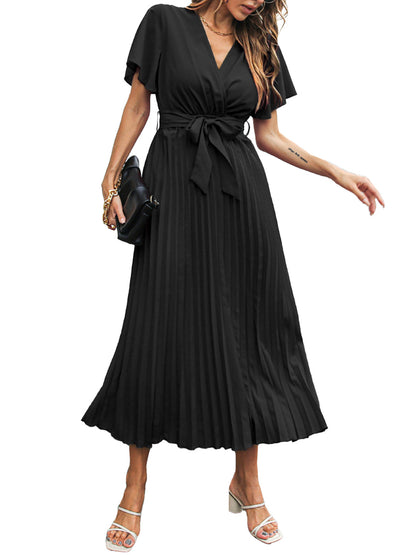 Anna-Kaci Women's Short Sleeve V-Neck Solid Color Elegant Belted Pleated A Line Maxi Dress