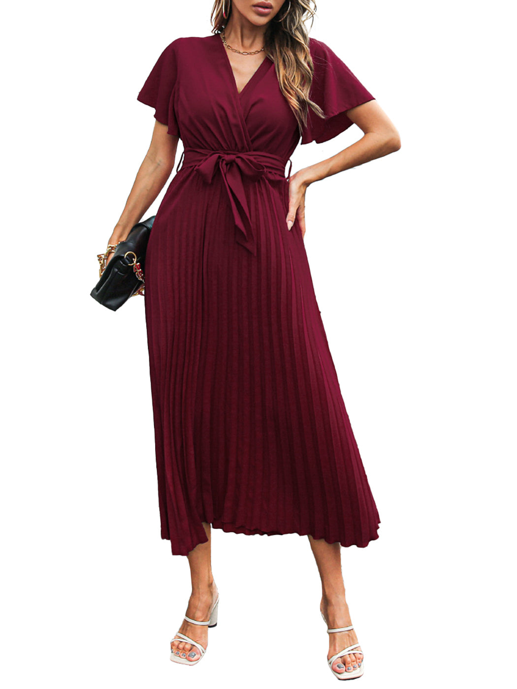Anna-Kaci Women's Short Sleeve V-Neck Solid Color Elegant Belted Pleated A Line Maxi Dress