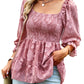 Anna-Kaci Women's Square Neck Blouse Shirt Floral Ruffle Hem Smocked Long Sleeve Peplum Top