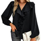 Anna-Kaci Women's Long Sleeve Button Down Ruffle V Neck Solid Color Business Top Blouse