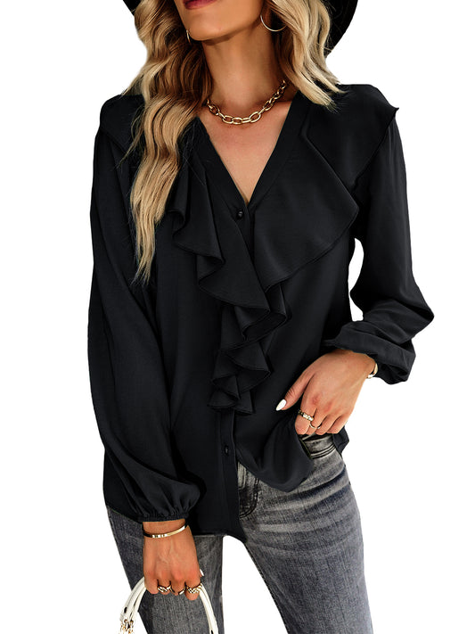 Anna-Kaci Women's Long Sleeve Button Down Ruffle V Neck Solid Color Business Top Blouse