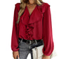 Anna-Kaci Women's Long Sleeve Button Down Ruffle V Neck Solid Color Business Top Blouse