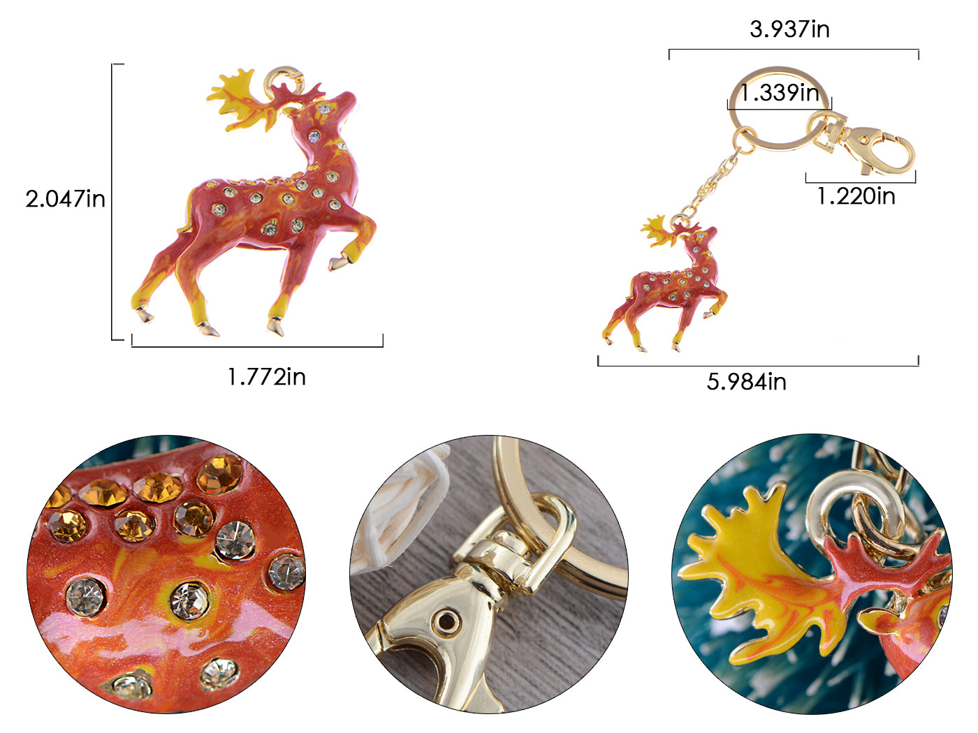 Enamel Handpainted Topaz Red Stag Deer Clip Key Chain