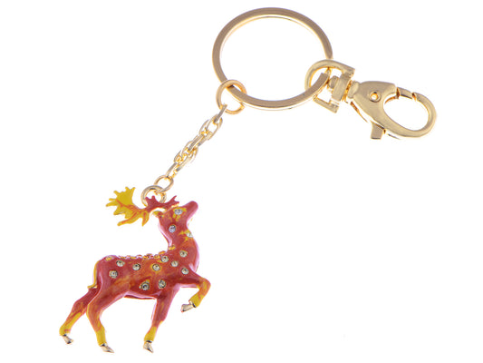 Enamel Handpainted Topaz Red Stag Deer Clip Key Chain