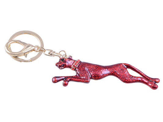 Ruby Red Enamel Speed Jaguar Leopard Hound Clip Keychain