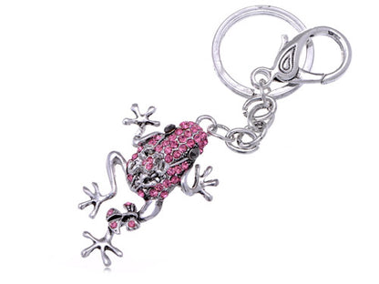 Silver Rose Pink Colored Mama Frog Toad Key Chain