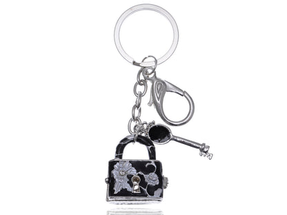 Art Black Enamel Floral Design Deadbolt Key Locket Keychain