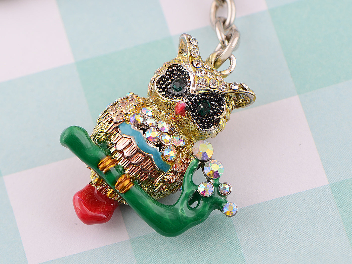 Colorful Handpainted Perch Owl Bird Branch Clip Hook Keychain