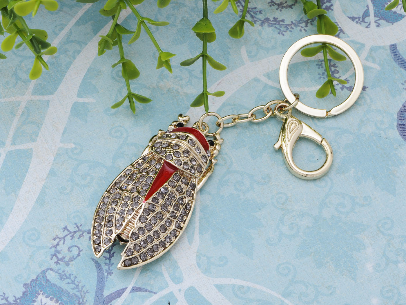 Red Enamel Grey Gold Cicada Fly Insect Bug Wing Clip Keychain