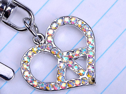 Silver Aurora Borealis Colored Peace Heart Sign Symbol Keychain