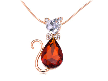 D Topaz Red Heart Bow Cat Pendent Necklace