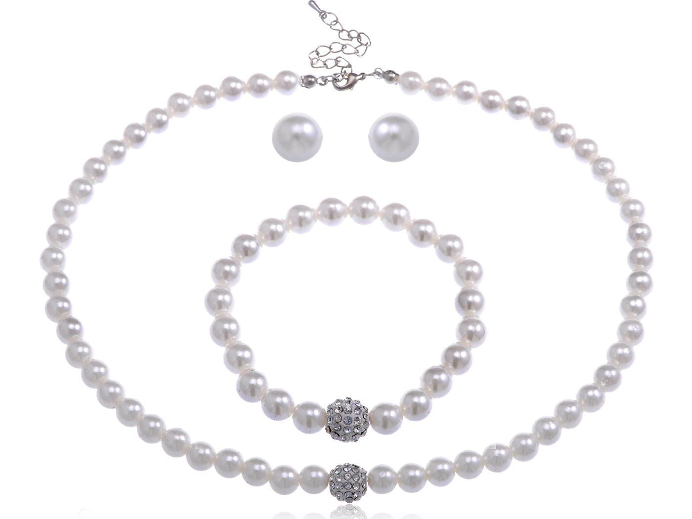 White Pearls Necklace Earrings Bracelet Set
