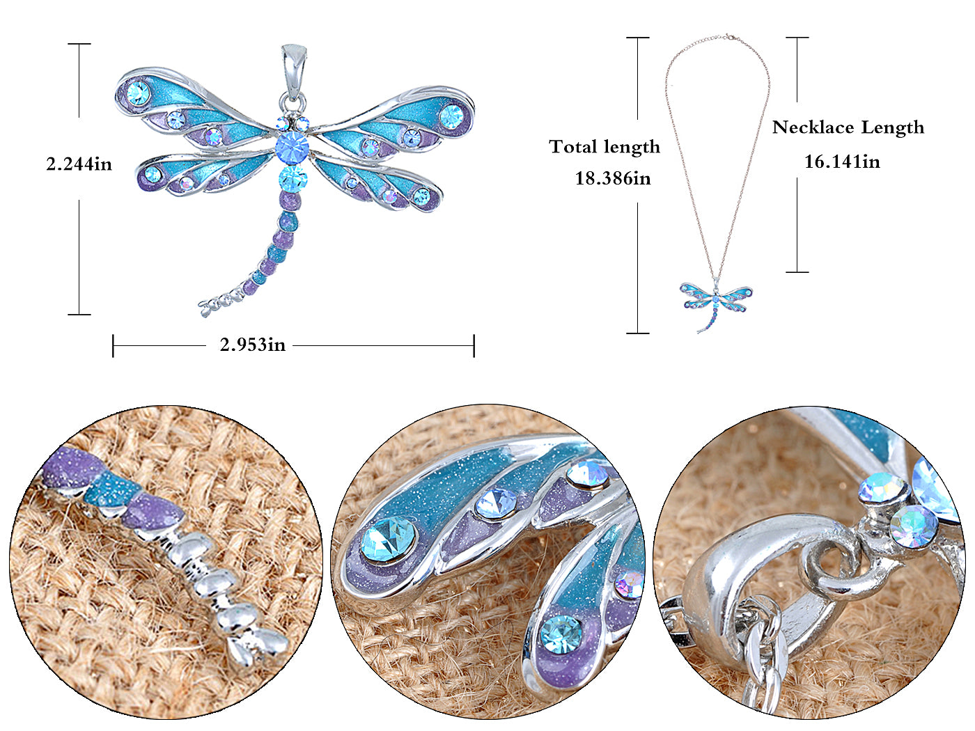 Blue Purple Glitter Enamel Dragonfly Pendant Necklace Over