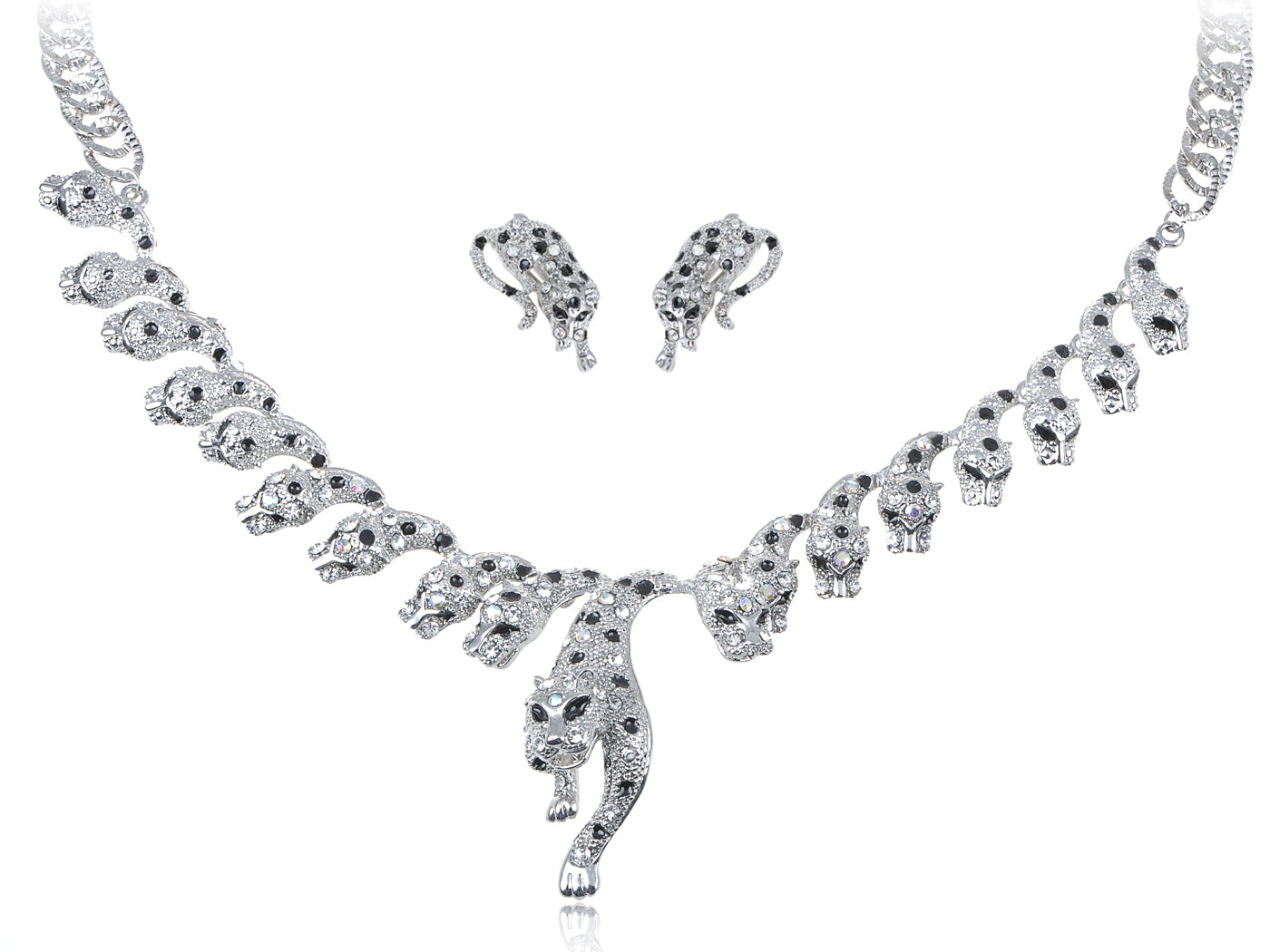 Silver Gun Leopard Cheetah Necklace Clip On Earring Set
