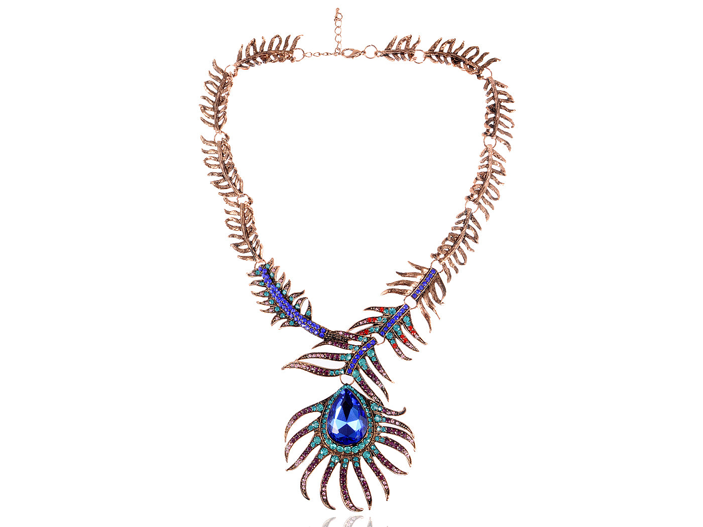 Copper Multi Colorful Peacock Feather Statement Necklace